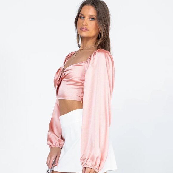 Princess Polly Pink Satin Long Sleeve Crop Top with Bell Sleeves Estee - Picture 7 of 16